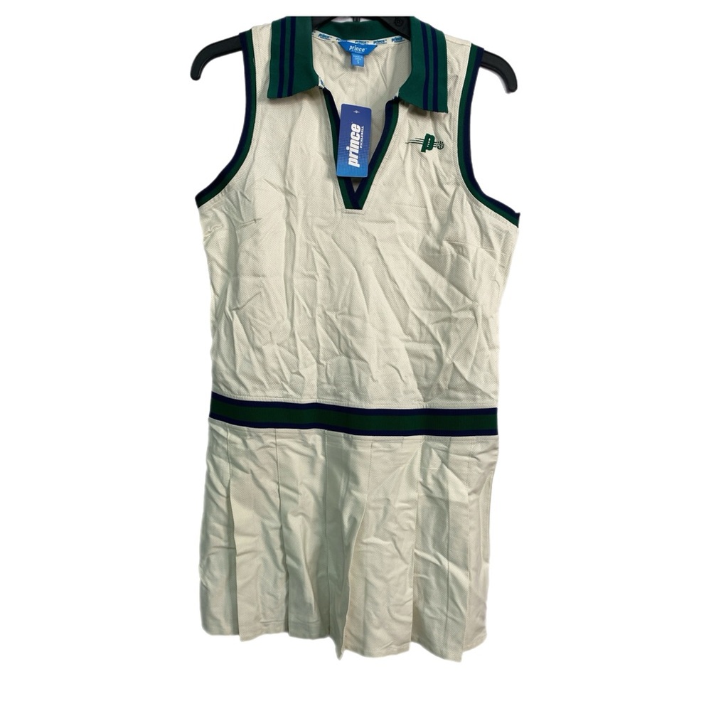 NWT Prince Cream Sleeveless Tennis Dress with Green and Navy Trim